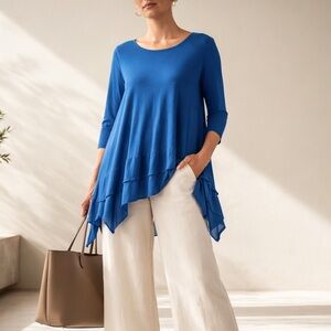 Eileen Fisher Blue Tiered Handkerchief Hem Tunic Top L Relaxed Fit Quiet Luxury